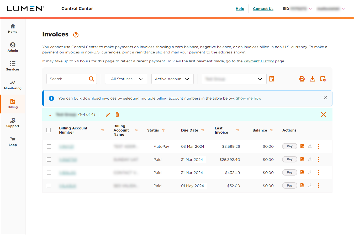 Invoices (showing billing group selected)