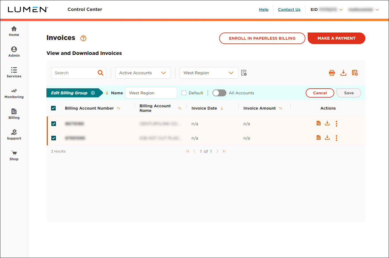 Invoices (showing billing group settings)