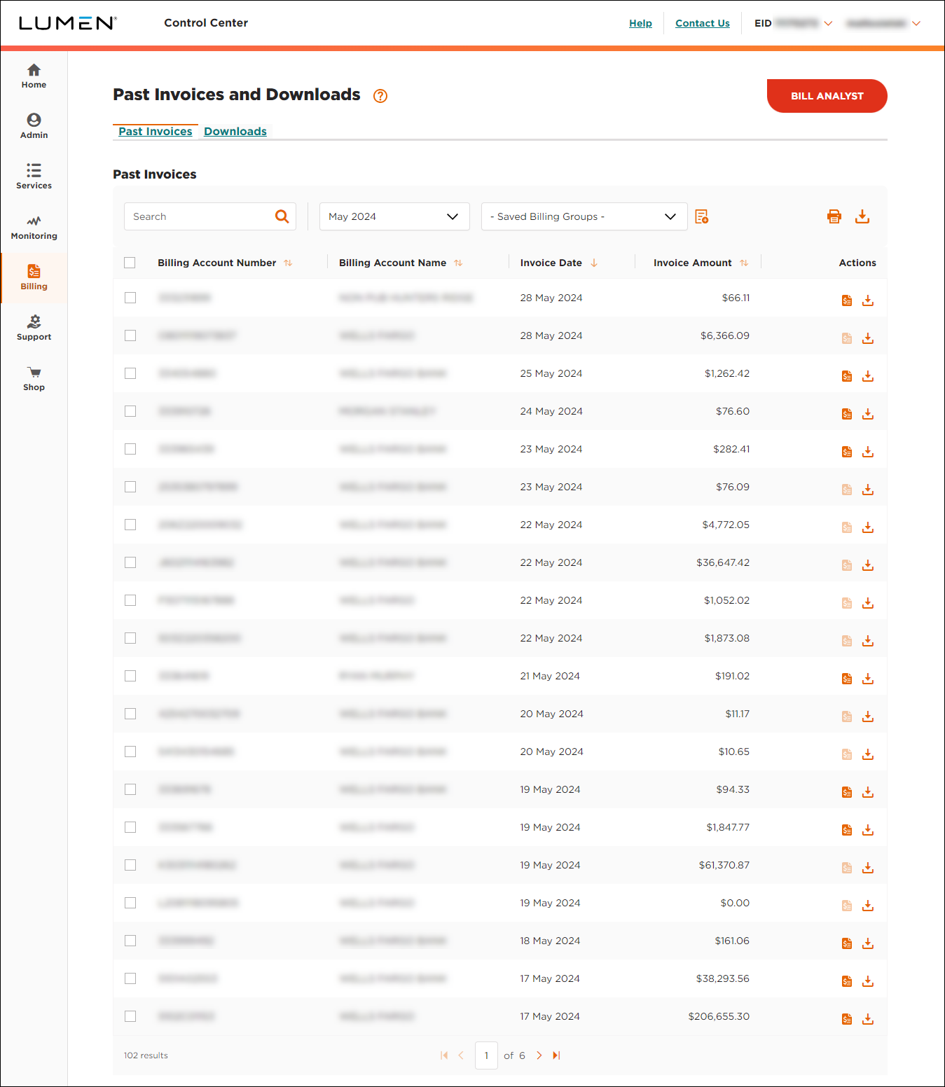 Past Invoices & Downloads (showing Past Invoices tab and date selected)