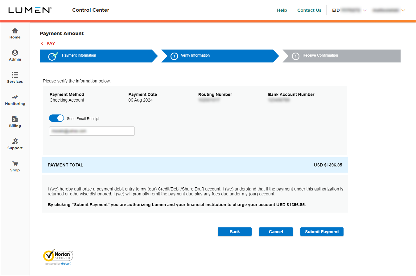 Payment Amount (showing Verify Information tab)