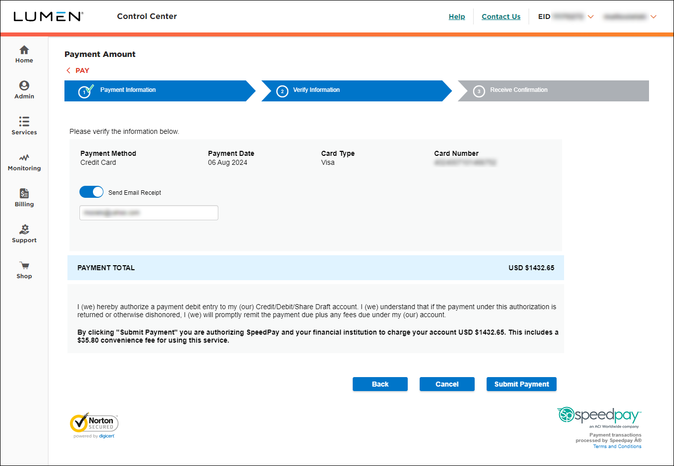 Payment Amount (showing Verify Information tab)