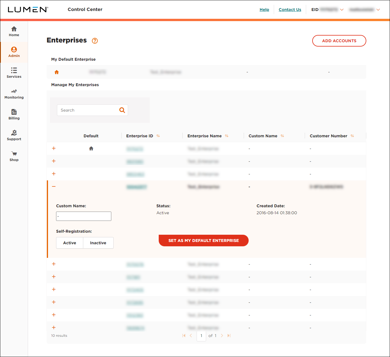 Enterprises (showing enterprise ID details)