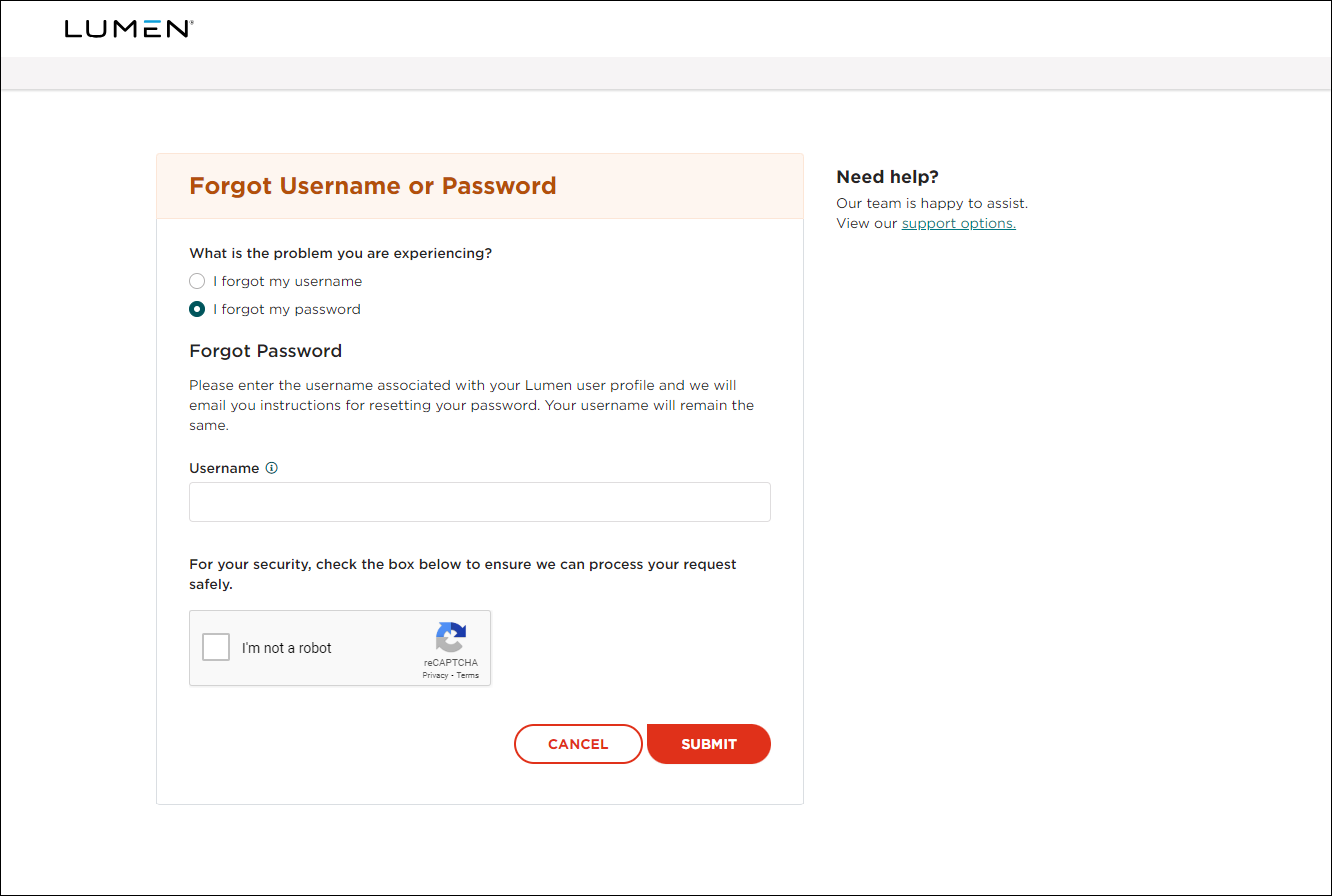 Forgot Username or Password (showing Forgot Password selected)