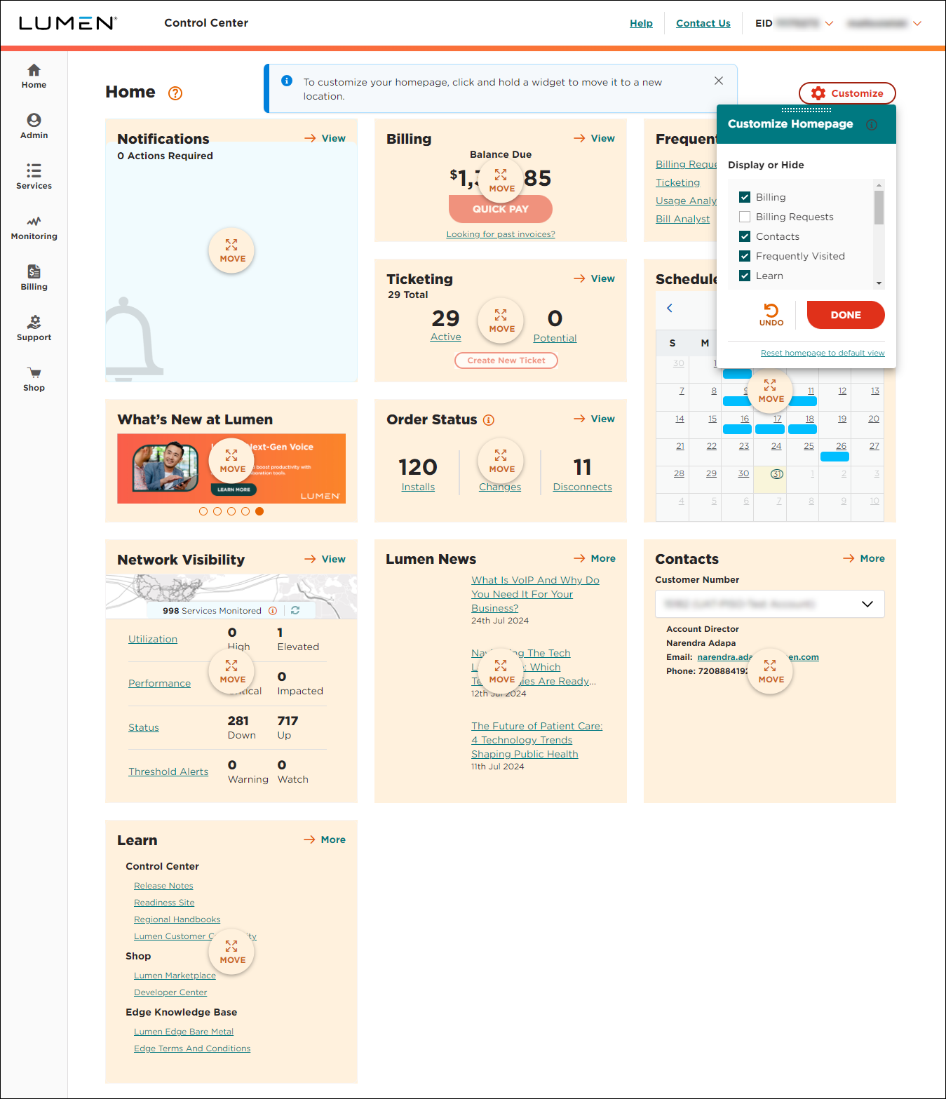 Home (showing customize)