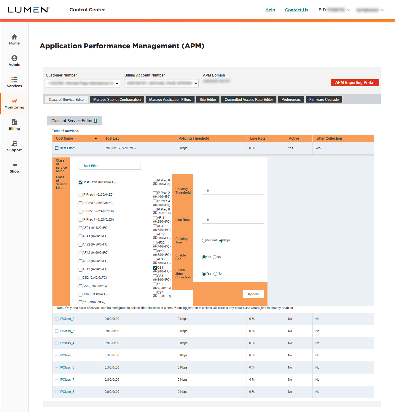 Application Performance Management (showing Class of Service Editor tab showing details)