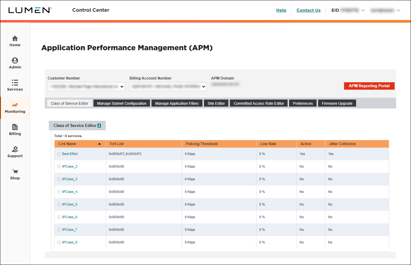 Application Performance Management (showing Class of Service Editor tab)