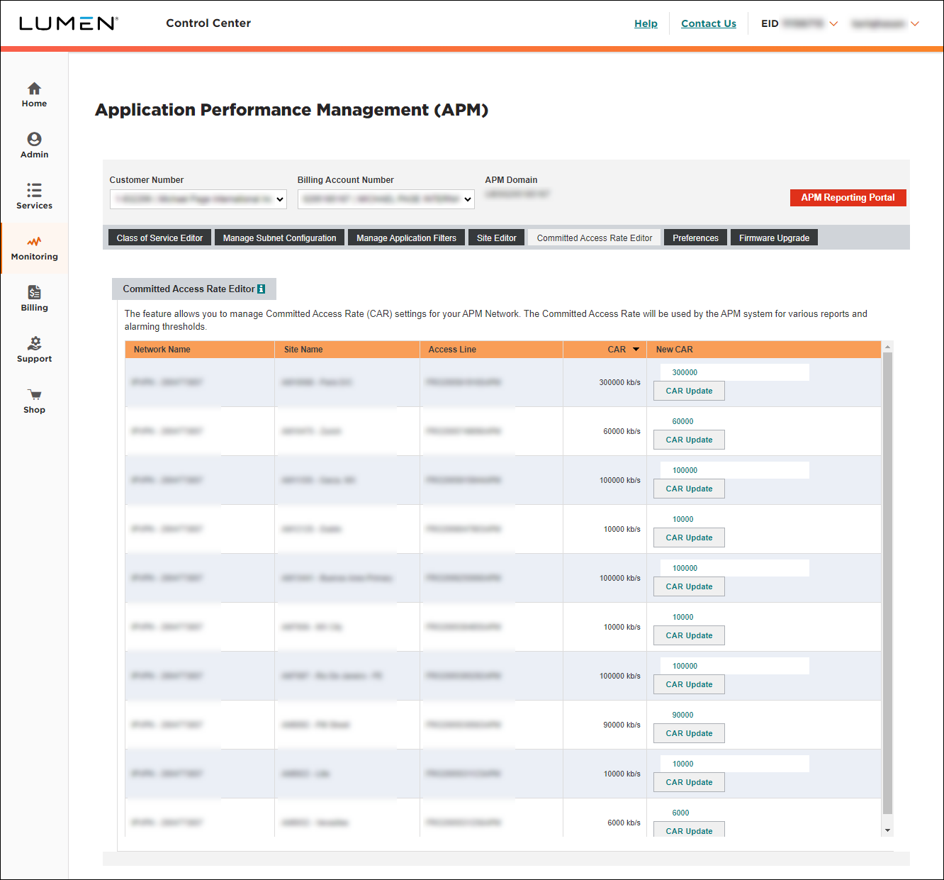 Application Performance Management (showing Committed Access Rate Editor tab)