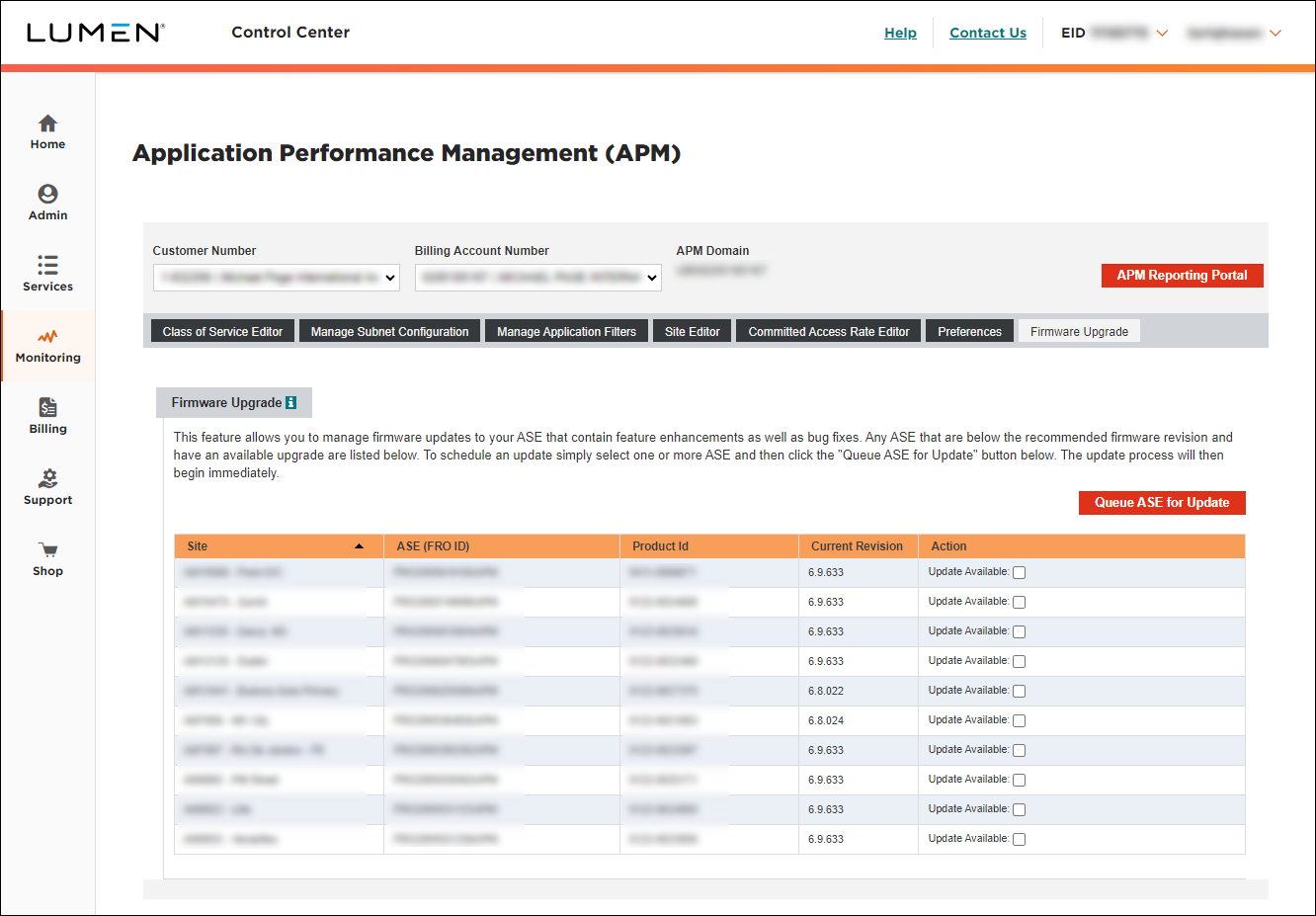 Application Performance Management (showing Firmware Upgrade tab)