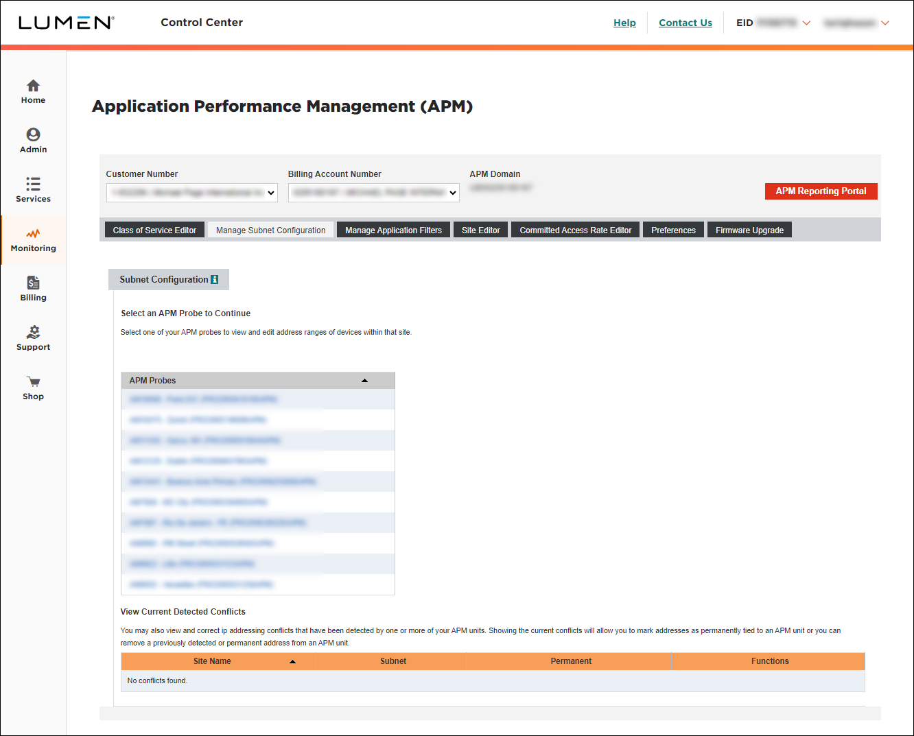 Application Performance Management (showing Manage Subnet Configuration tab)