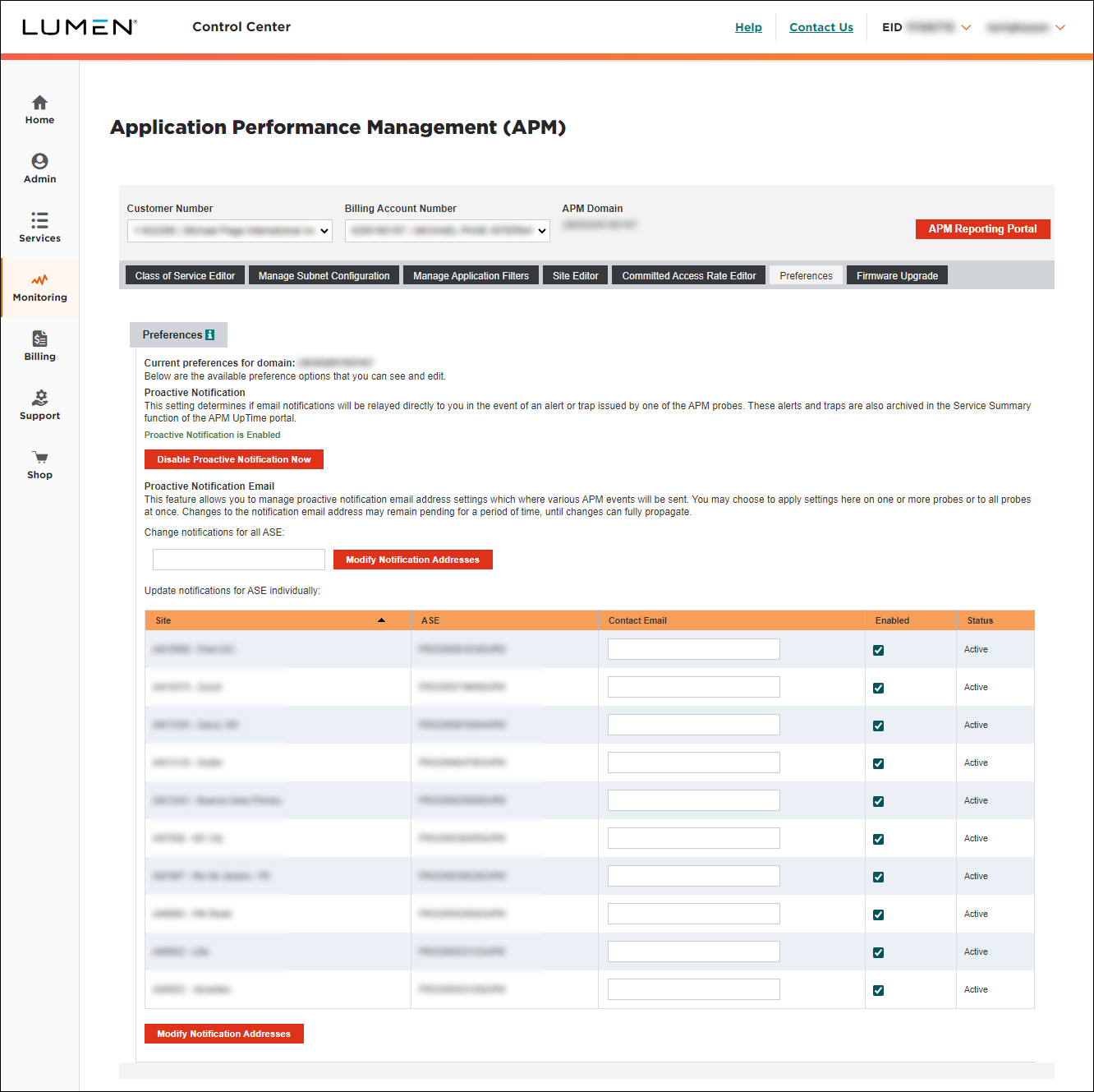 Application Performance Management (showing Preferences tab)