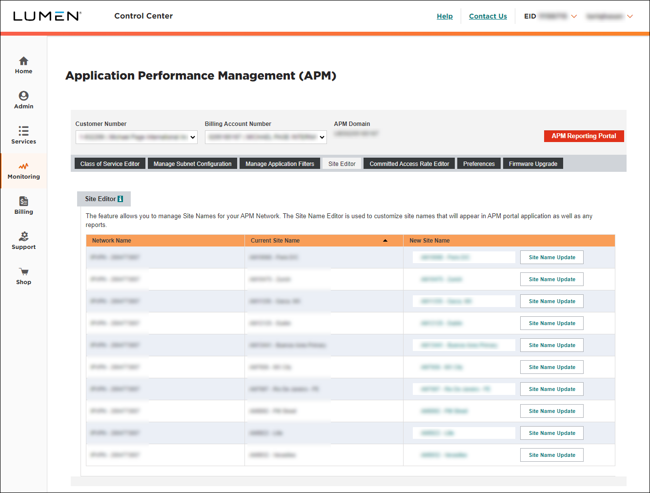 Application Performance Management (showing Site Editor tab)