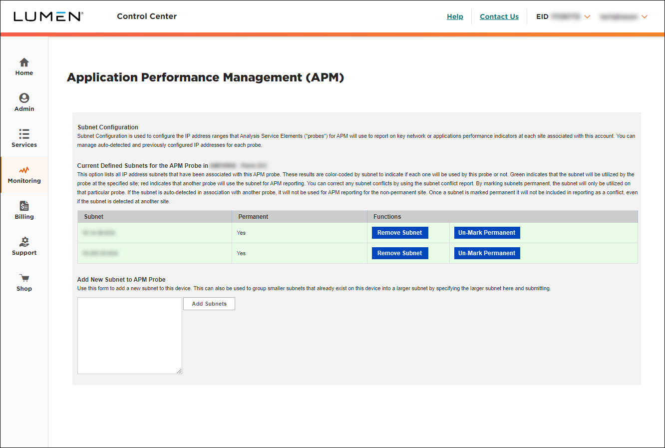 Application Performance Management (showing Subnet Configuration)