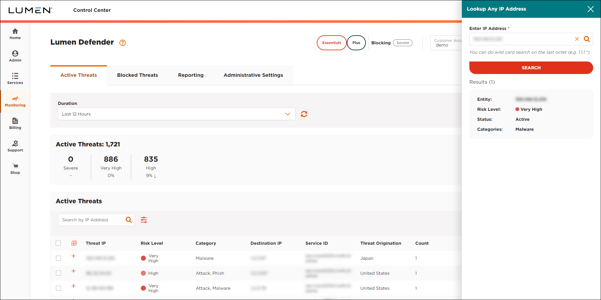 Lumen Defender (showing Active Threats tab and IP Address Lookup box with results)