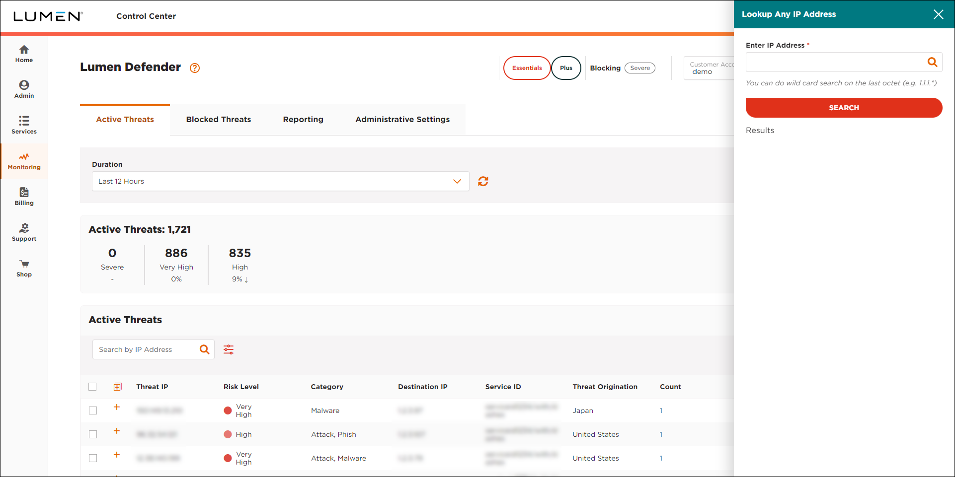 Lumen Defender (showing Active Threats tab and IP Address Lookup box)