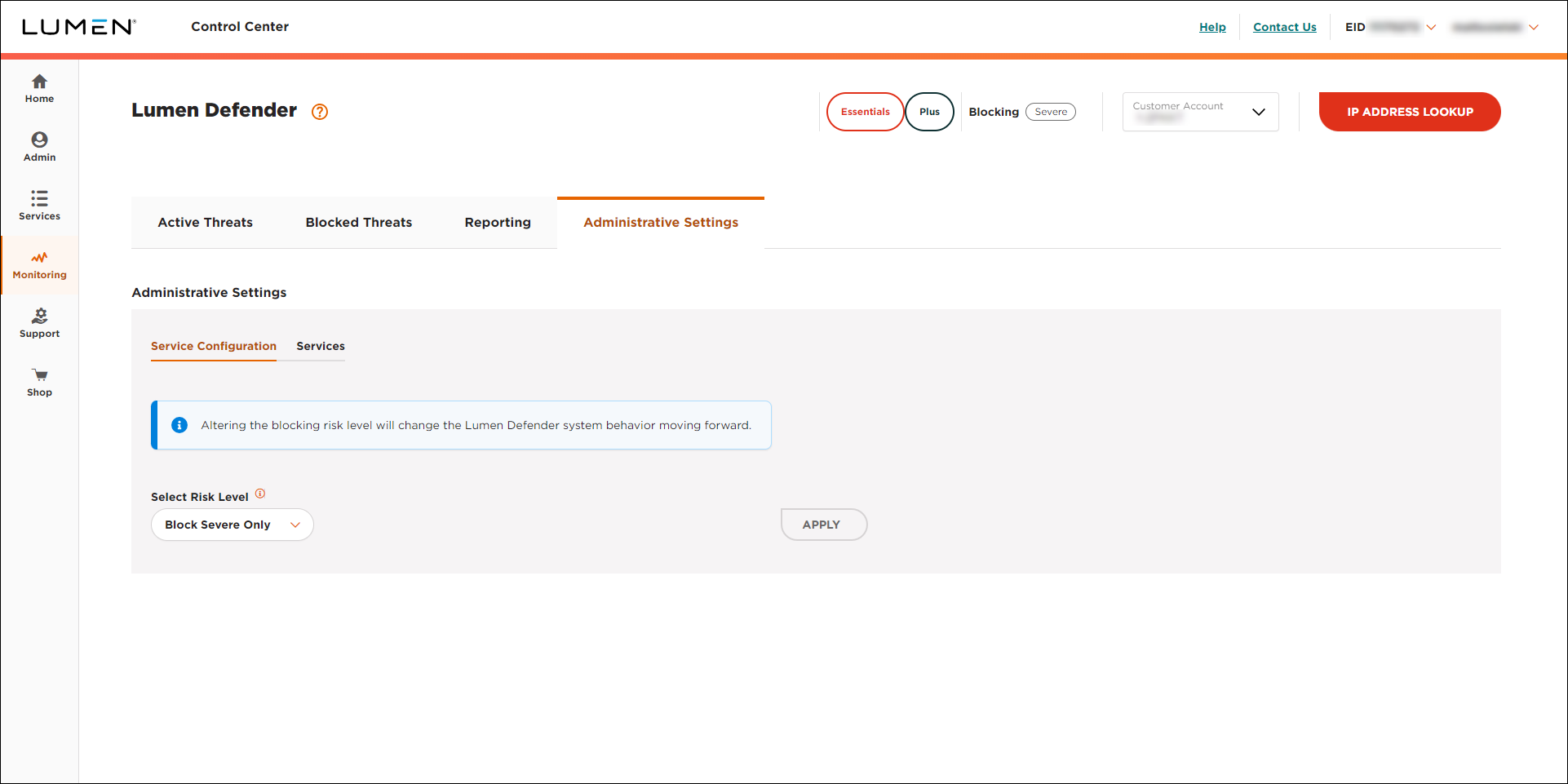 Lumen Defender (showing Administrative Settings tab and Service Configuration subtab)