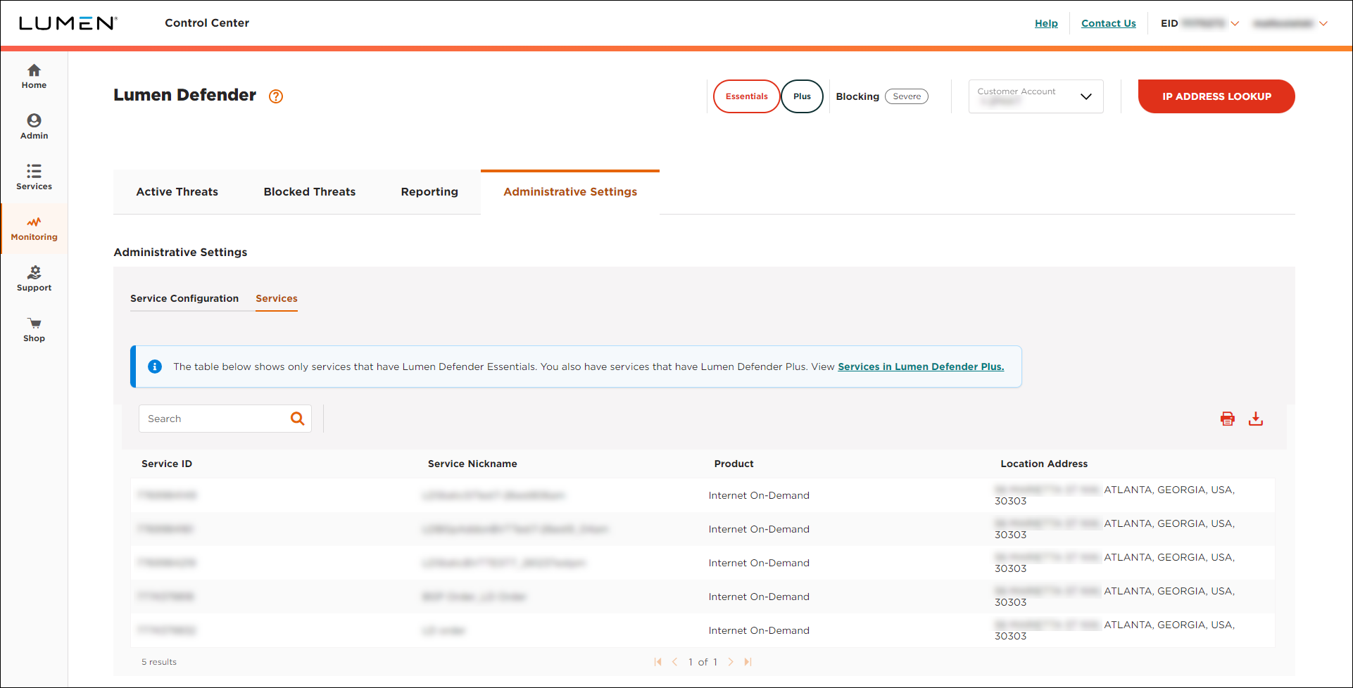 Lumen Defender (showing Administrative Settings tab and Services subtab)