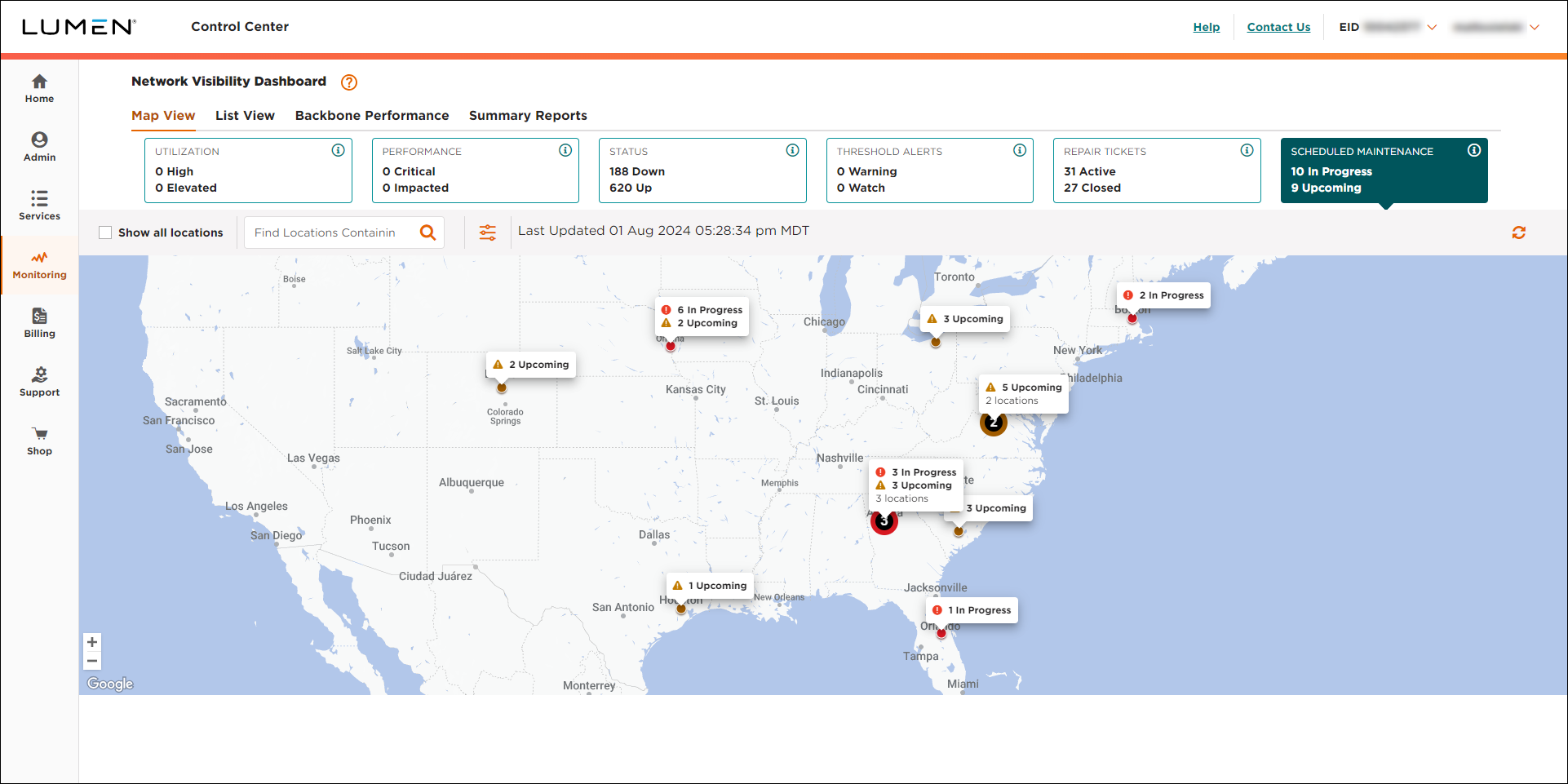 Network Visibility (showing Scheduled Maintenance tile)