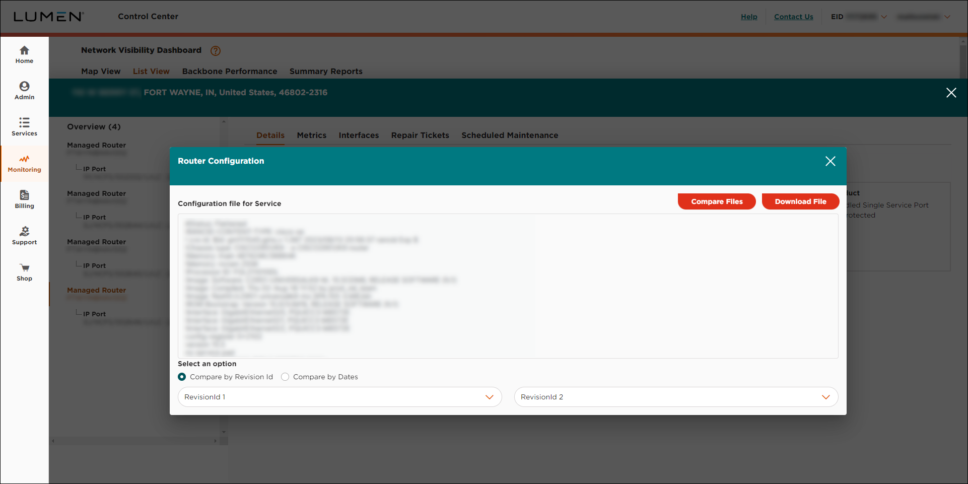 Network Visibility (showing the router configuration tab for a managed router)