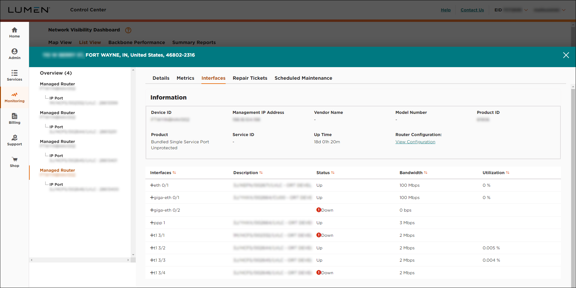 Network Visibility (showing the Interfaces tab for a managed router)