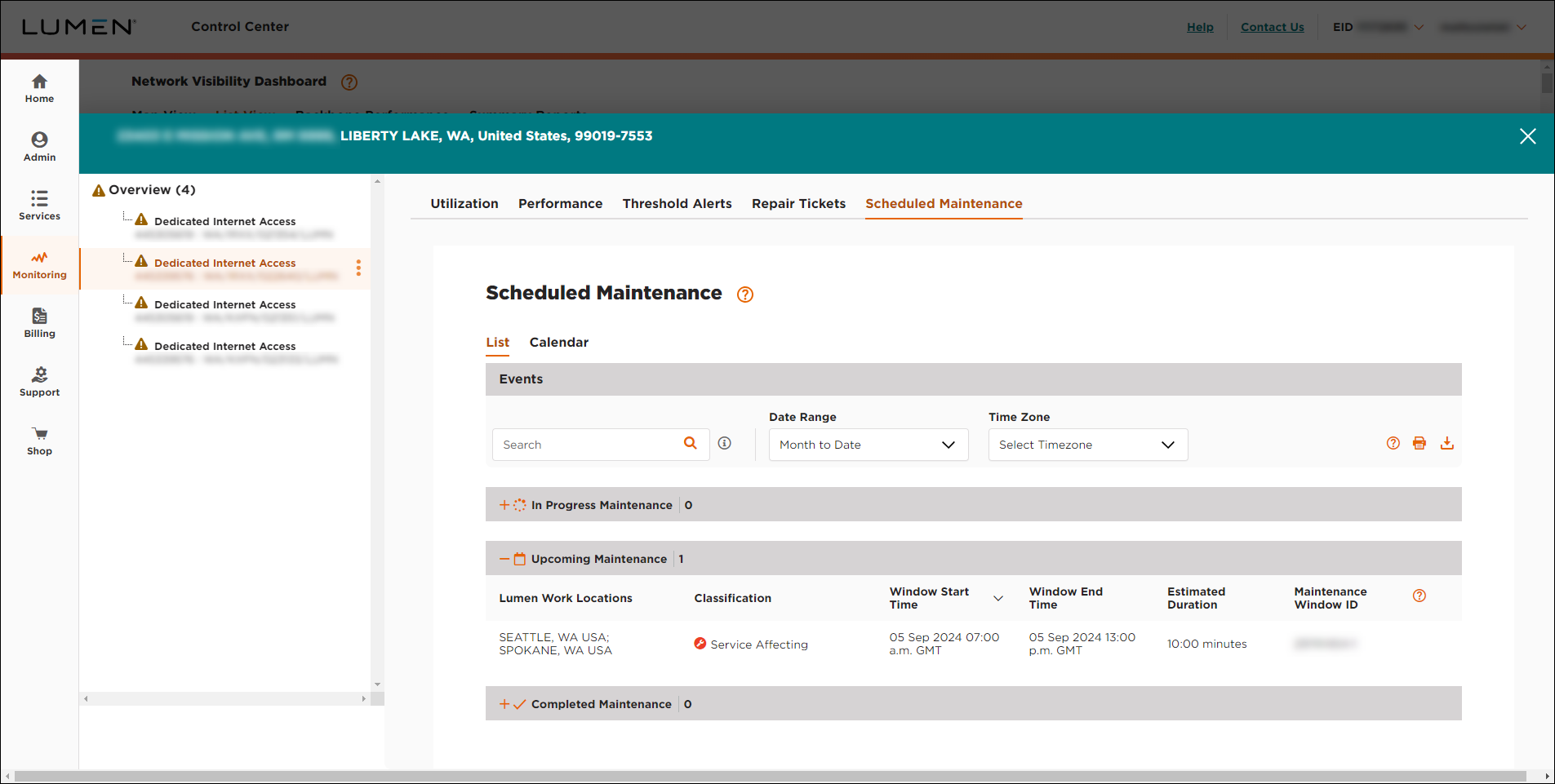 Network Visibility (showing the Scheduled Maintenance tab for a selected service--with details expanded)