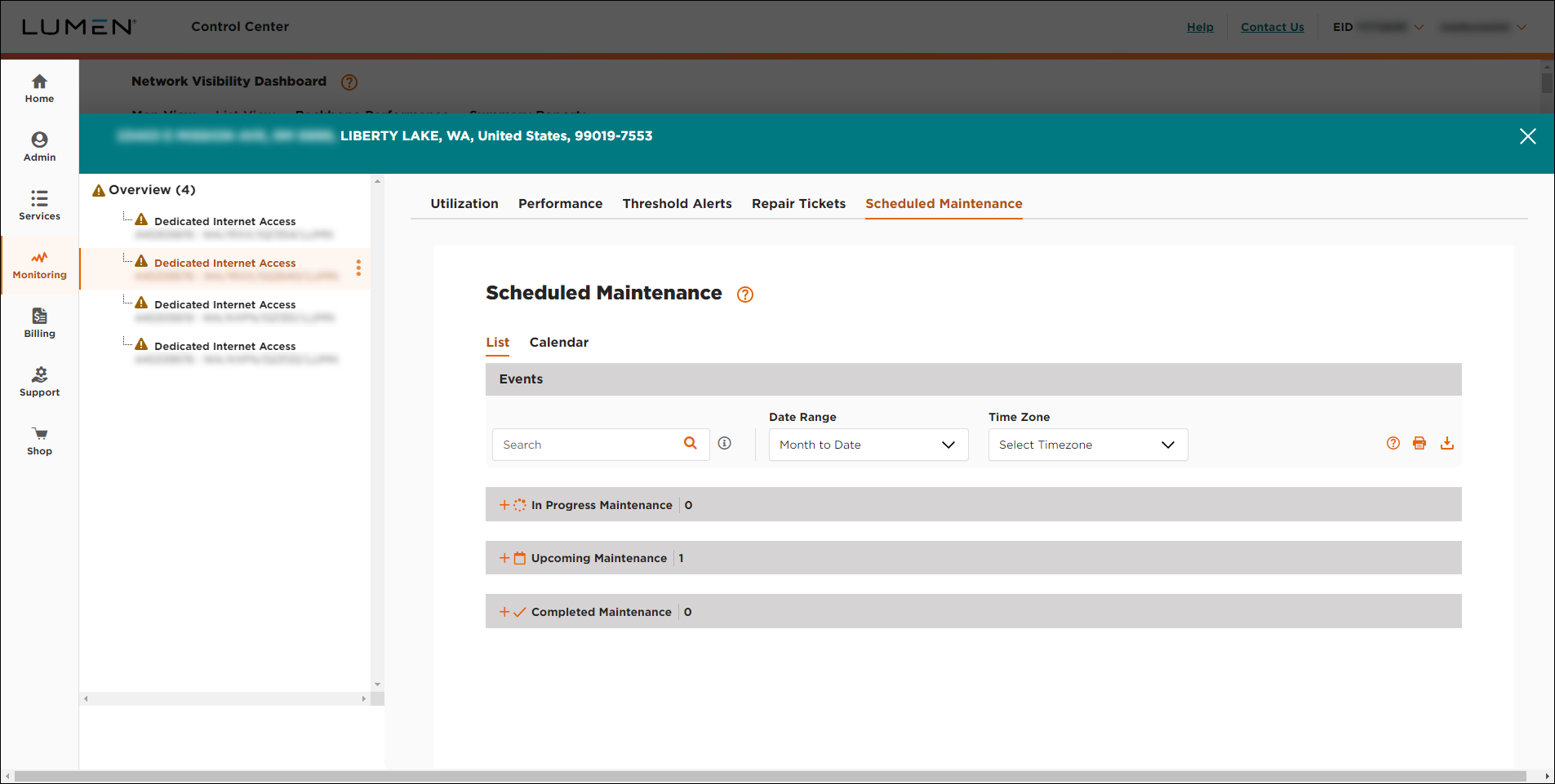 Network Visibility (showing the Scheduled Maintenance tab for a selected service)