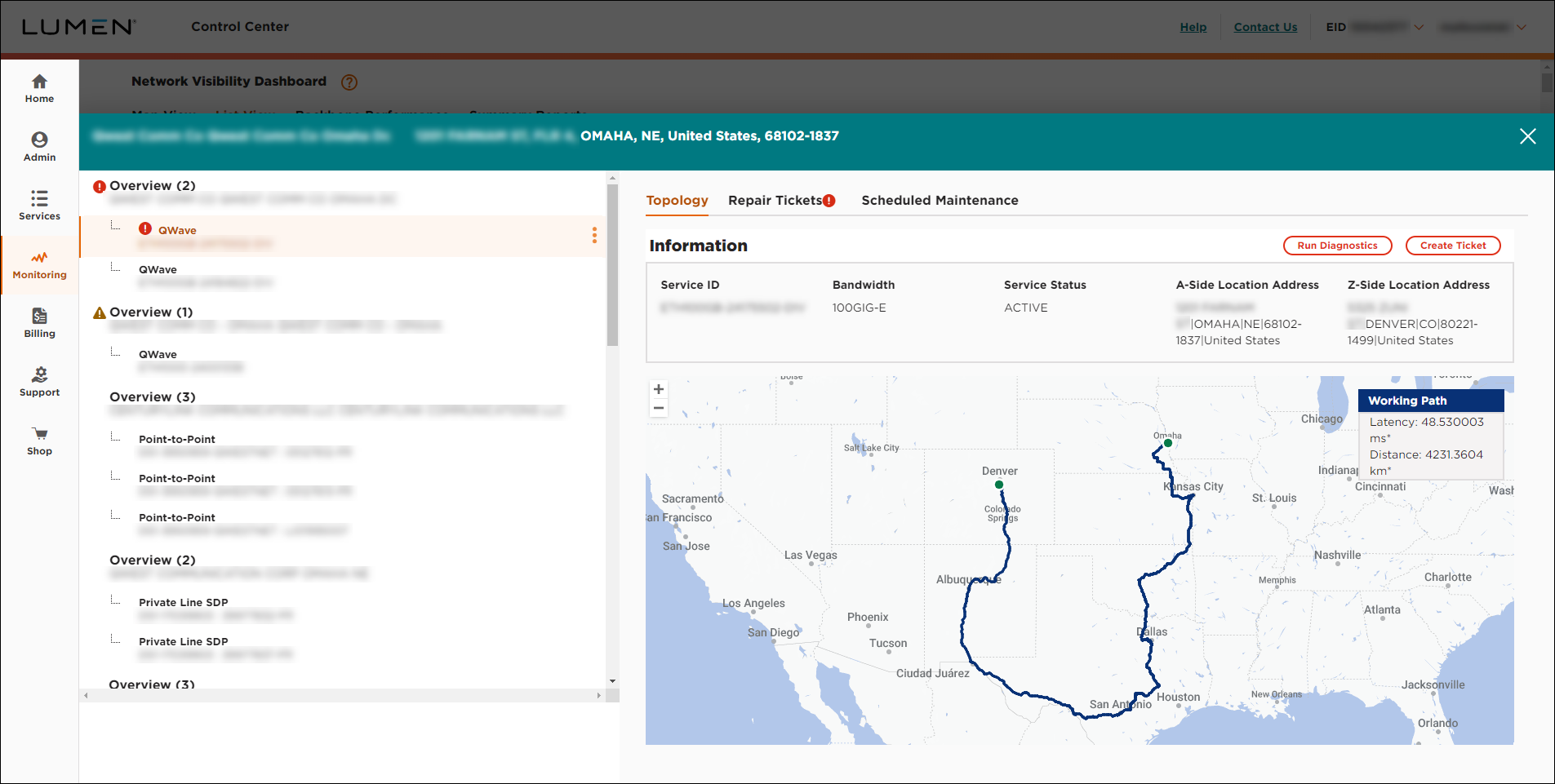 Network Visibility (showing the Topology tab for a wavelength service)