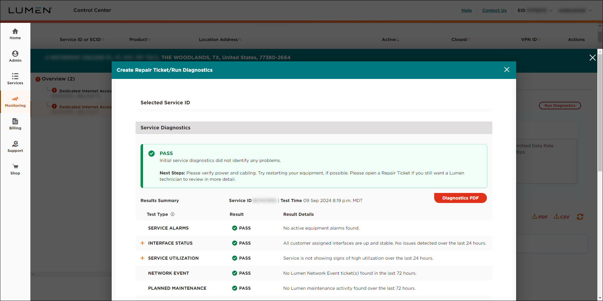 Create repair ticket / run diagnostics (showing diagnostic testing results)