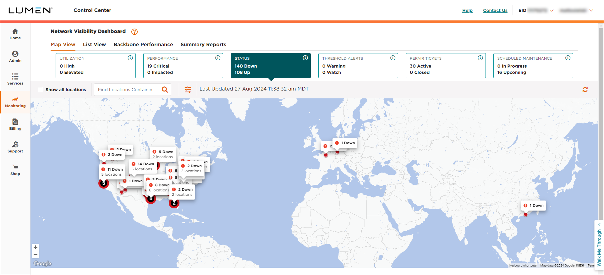 Network Visibility (showing Status tile)