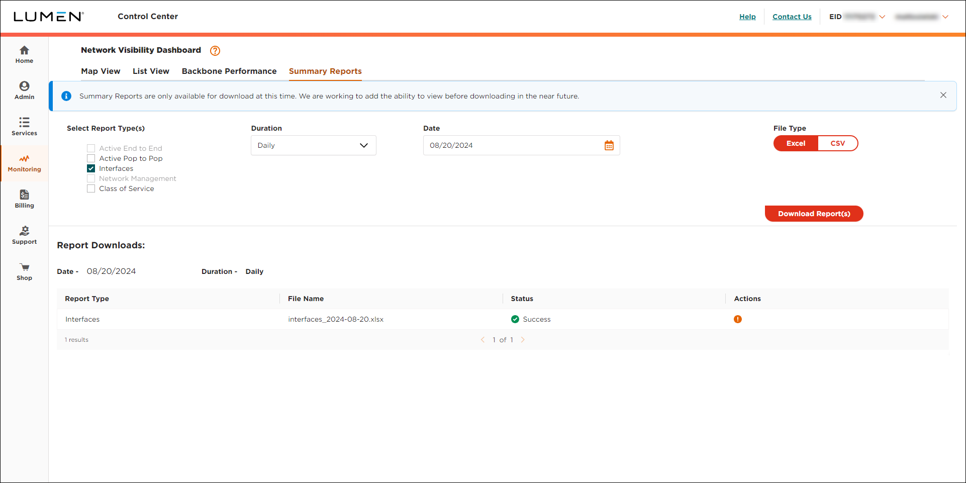 Network Visibility (showing Summary Reports with report status)