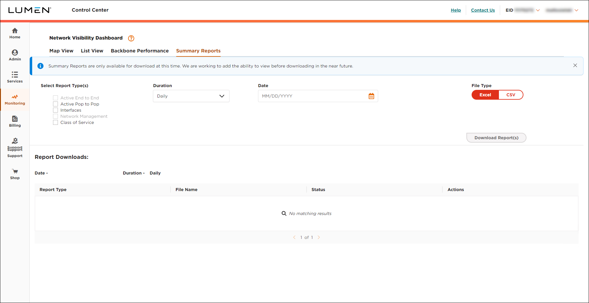 Network Visibility (showing Summary Reports)