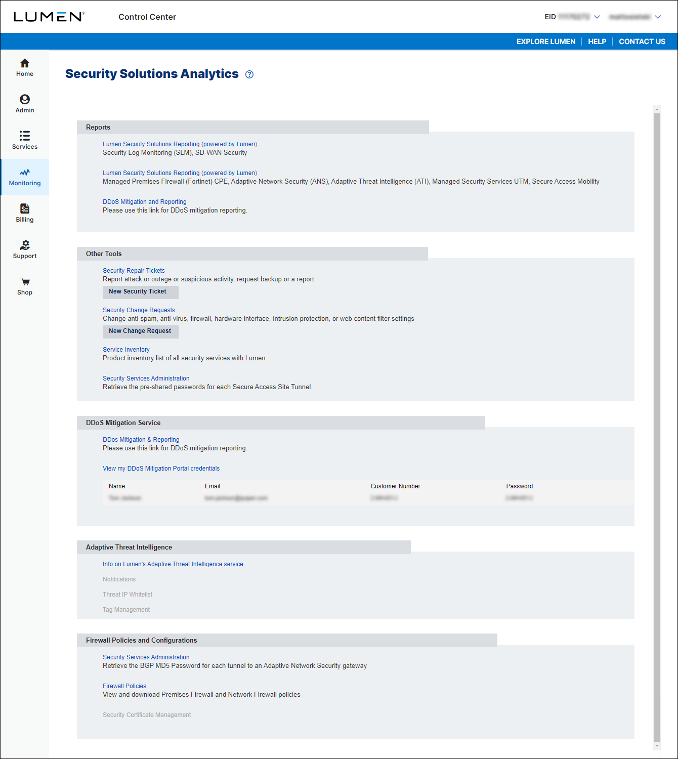 Security Solutions Analytics (showing DDoS Mitigation Reporting portal credentials)