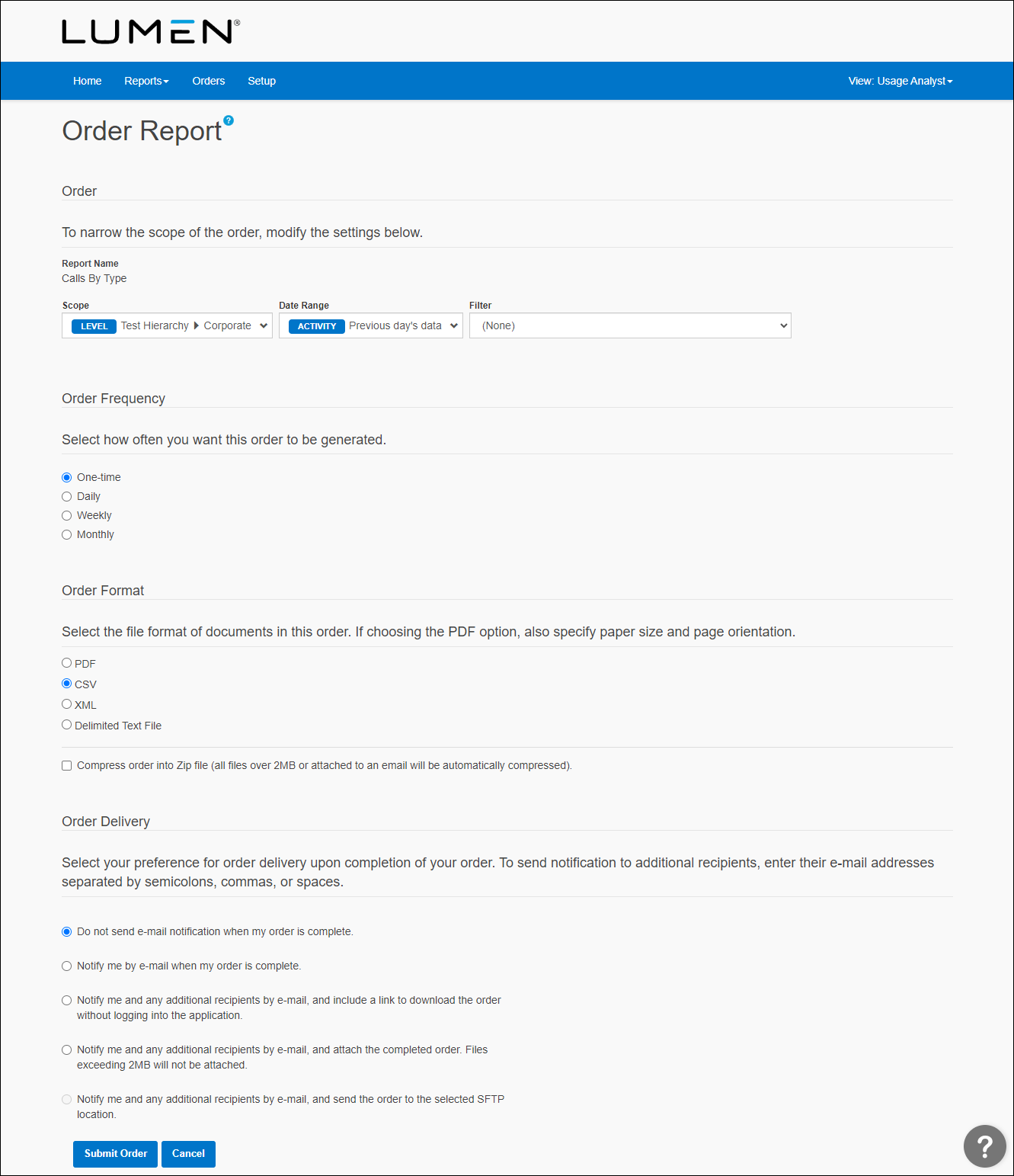 Order Report (showing summary report)