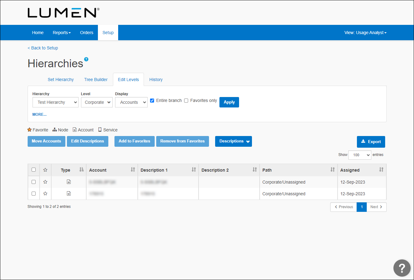 Hierarchies (showing Edit Levels and Accounts selected)