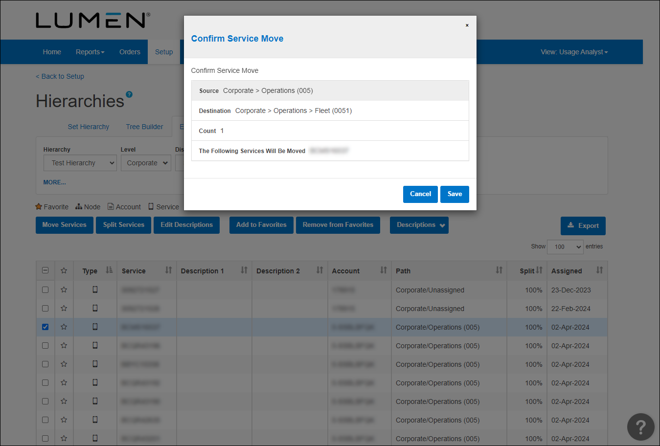 Confirm Service Move (Hierarchies showing Tree Builder tab)