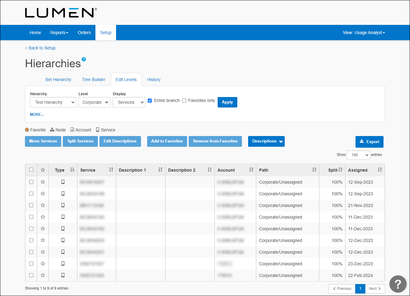 Hierarchies (showing Edit Levels, Services selected from display list)