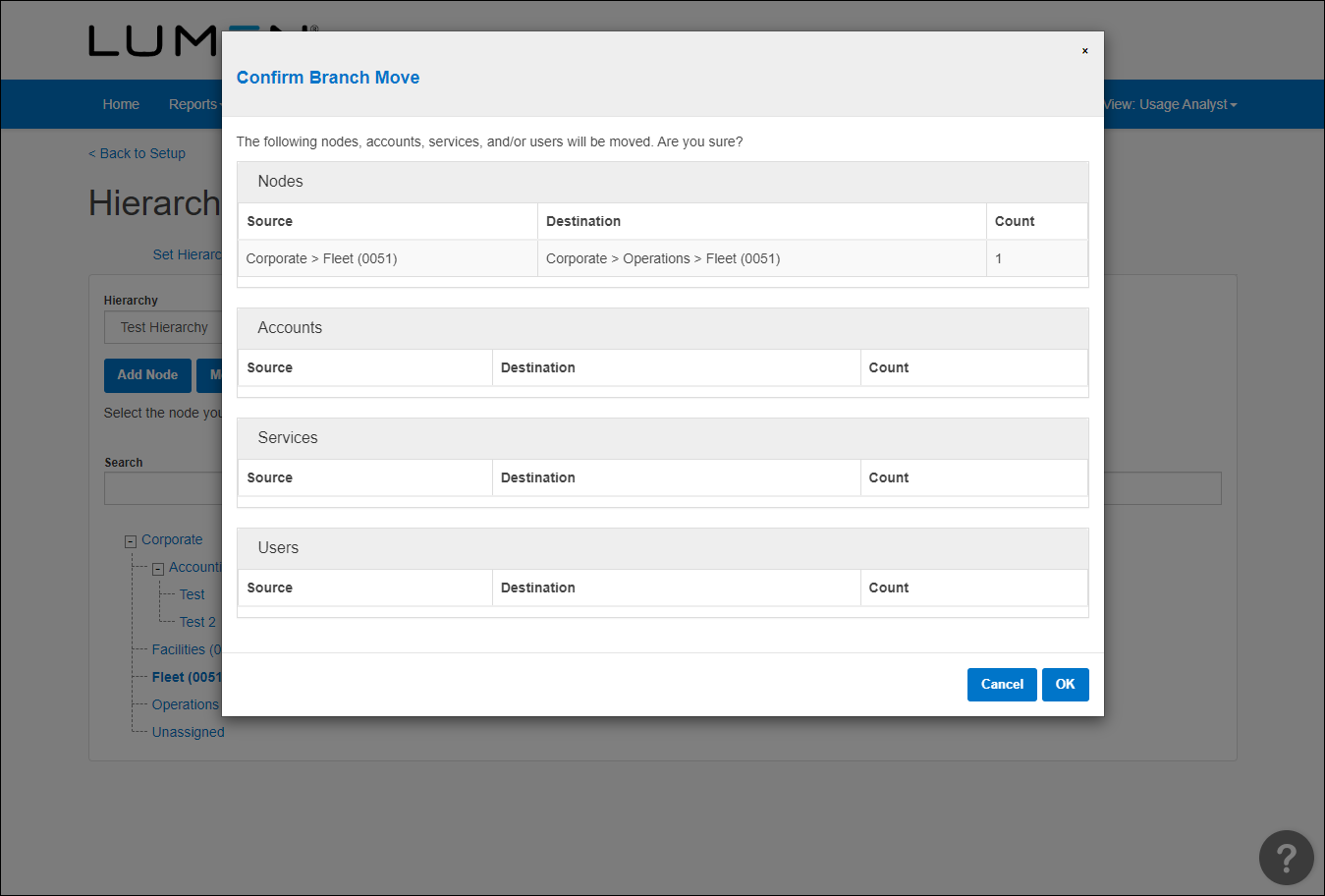 Confirm Branch Move (Hierarchies showing Tree Builder tab)