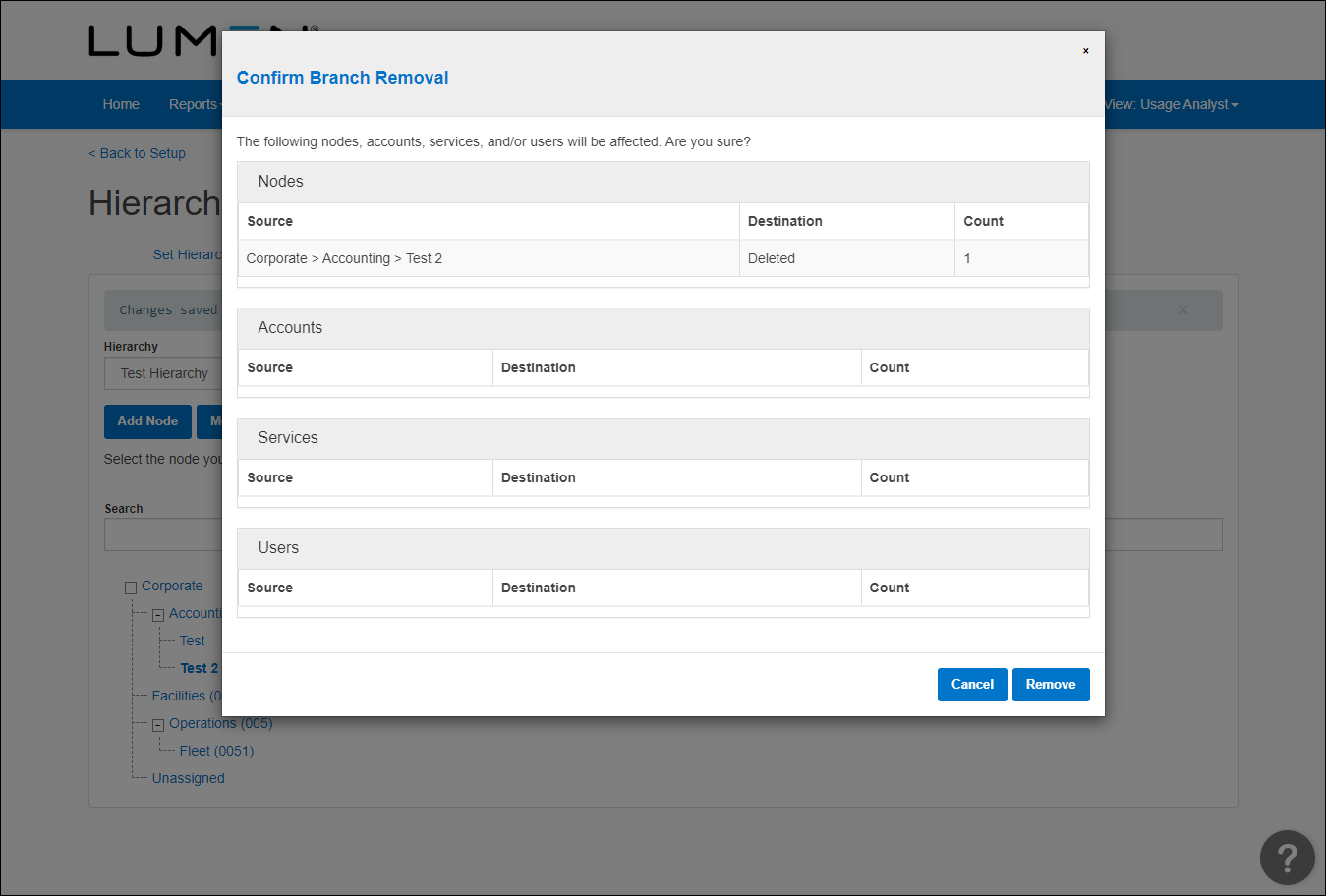 Confirm Branch Removal (Hierarchies showing Tree Builder tab)