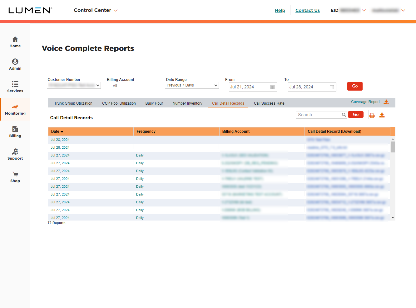 Voice Complete Reports (showing Call Detail Records)