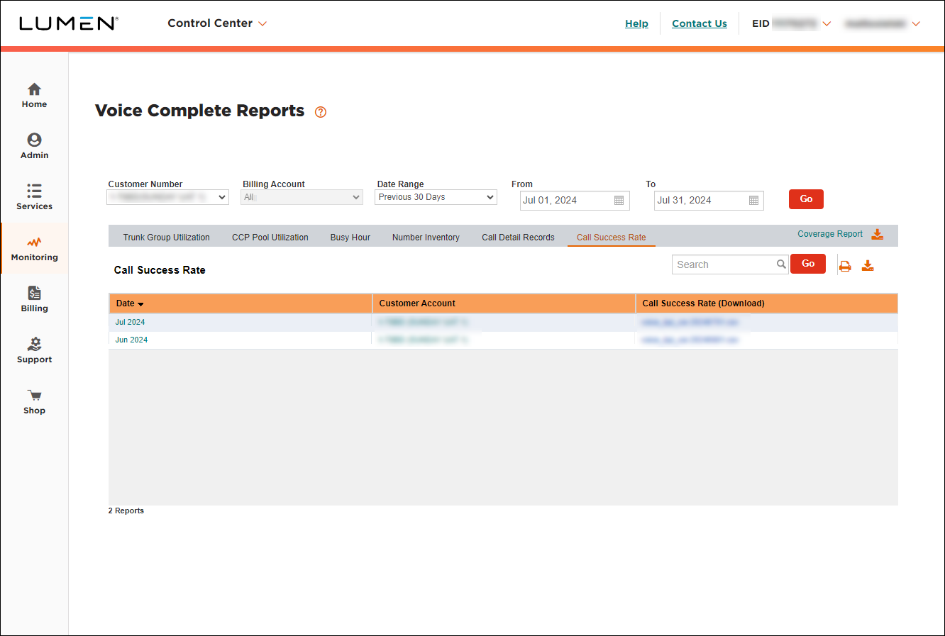 Voice Complete Reports (showing Call Success Rate)