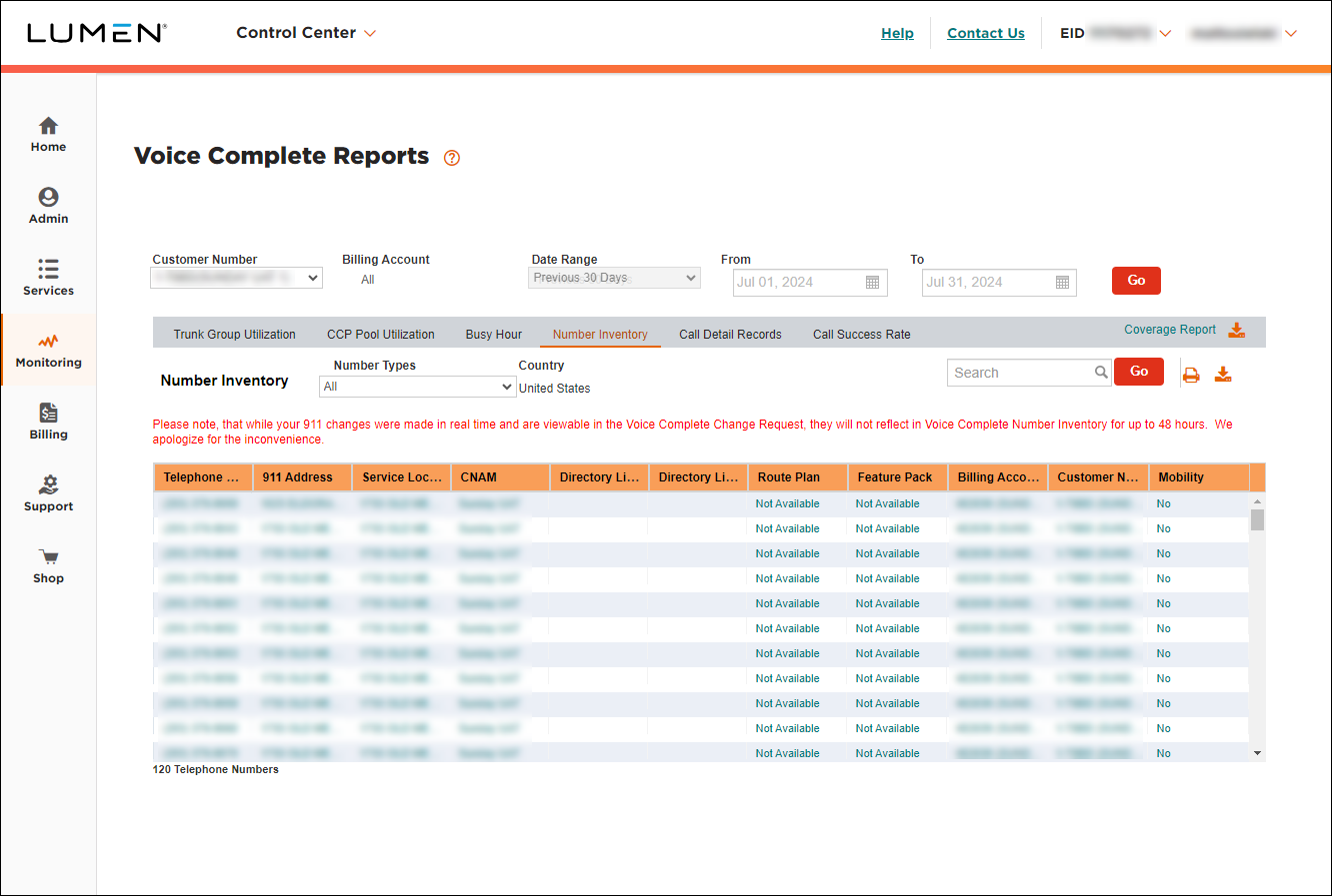 Voice Complete Reports (showing Number Inventory)