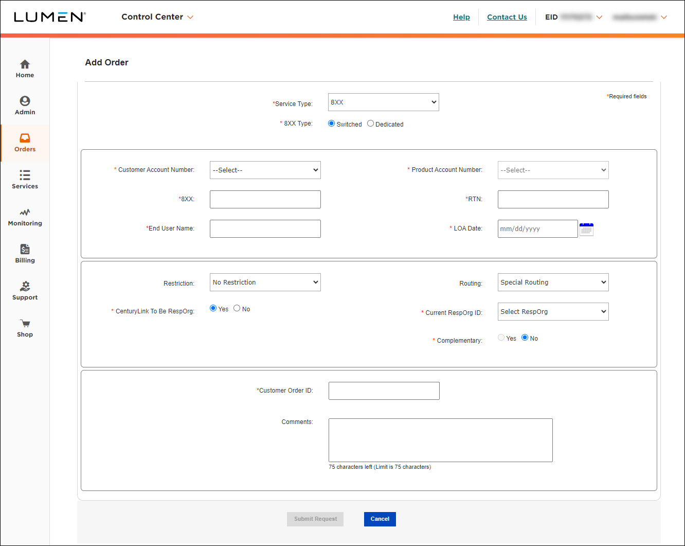 Add Order (showing 8XX and Switched selected)