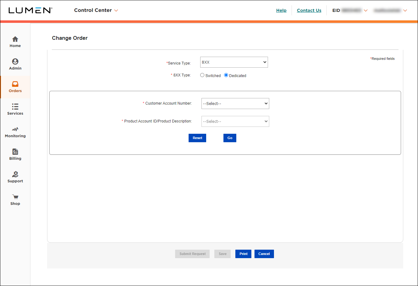 Change Order (showing 8XX and Dedicated selected)