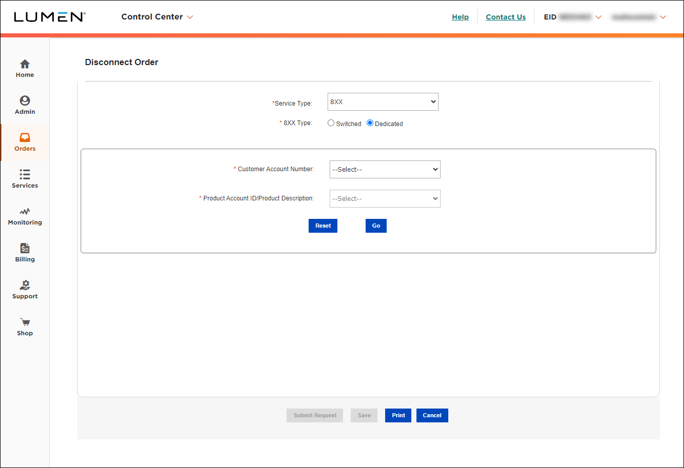 Disconnect Order (showing 8XX and Dedicated selected)