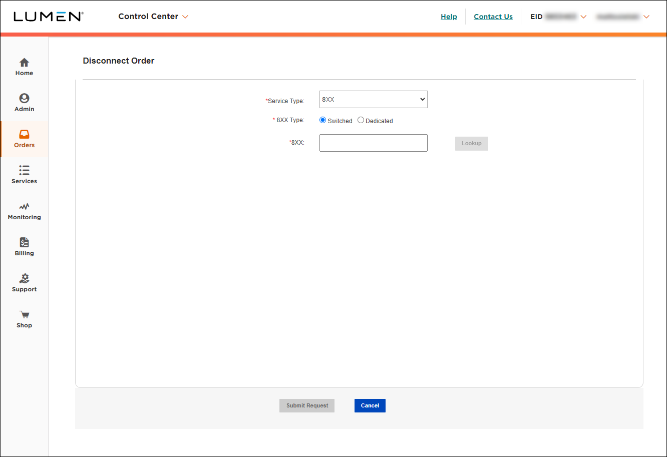 Disconnect Order (showing 8XX and Switched selected)