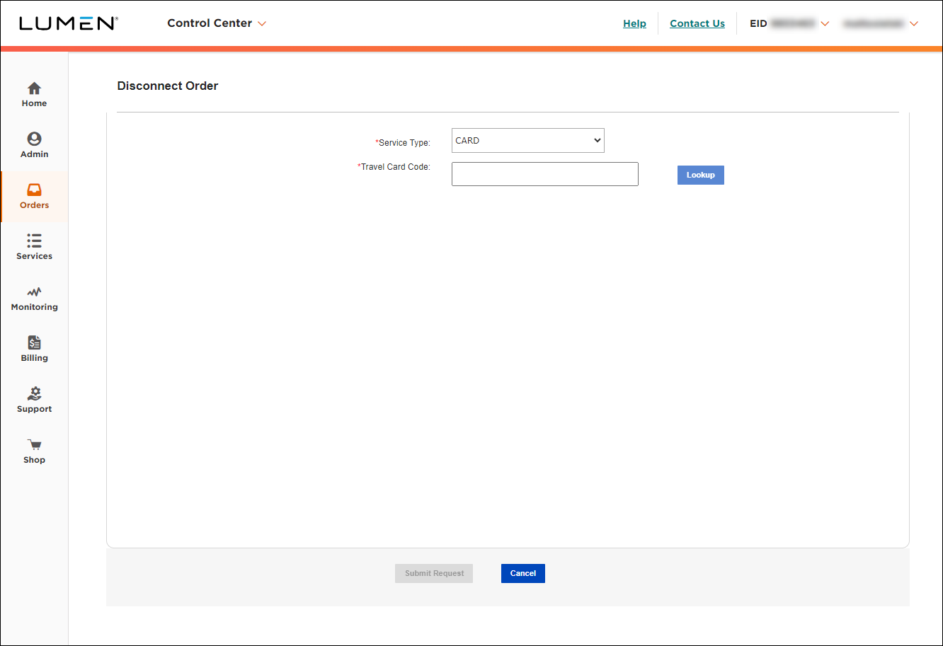 Disconnect Order (showing CARD selected)