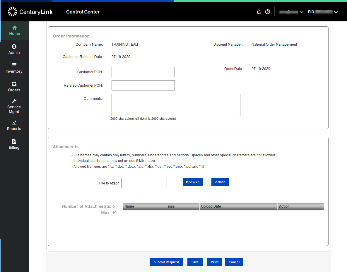 manage orders disconnect 8xx dedicated dtfo order information attachment sections