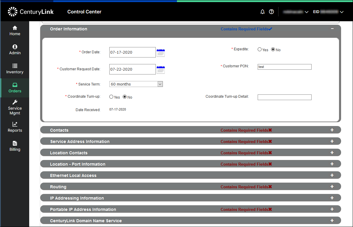 manage orders olof sections contains required fields section blue msg