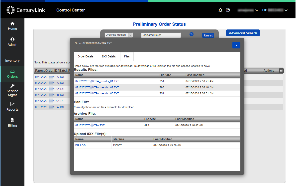 order status order status preliminary order status dedicated batch status files tab