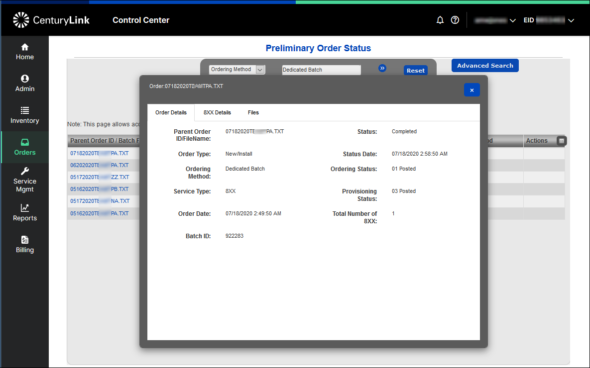 order status order status preliminary order status dedicated batch status order details tab