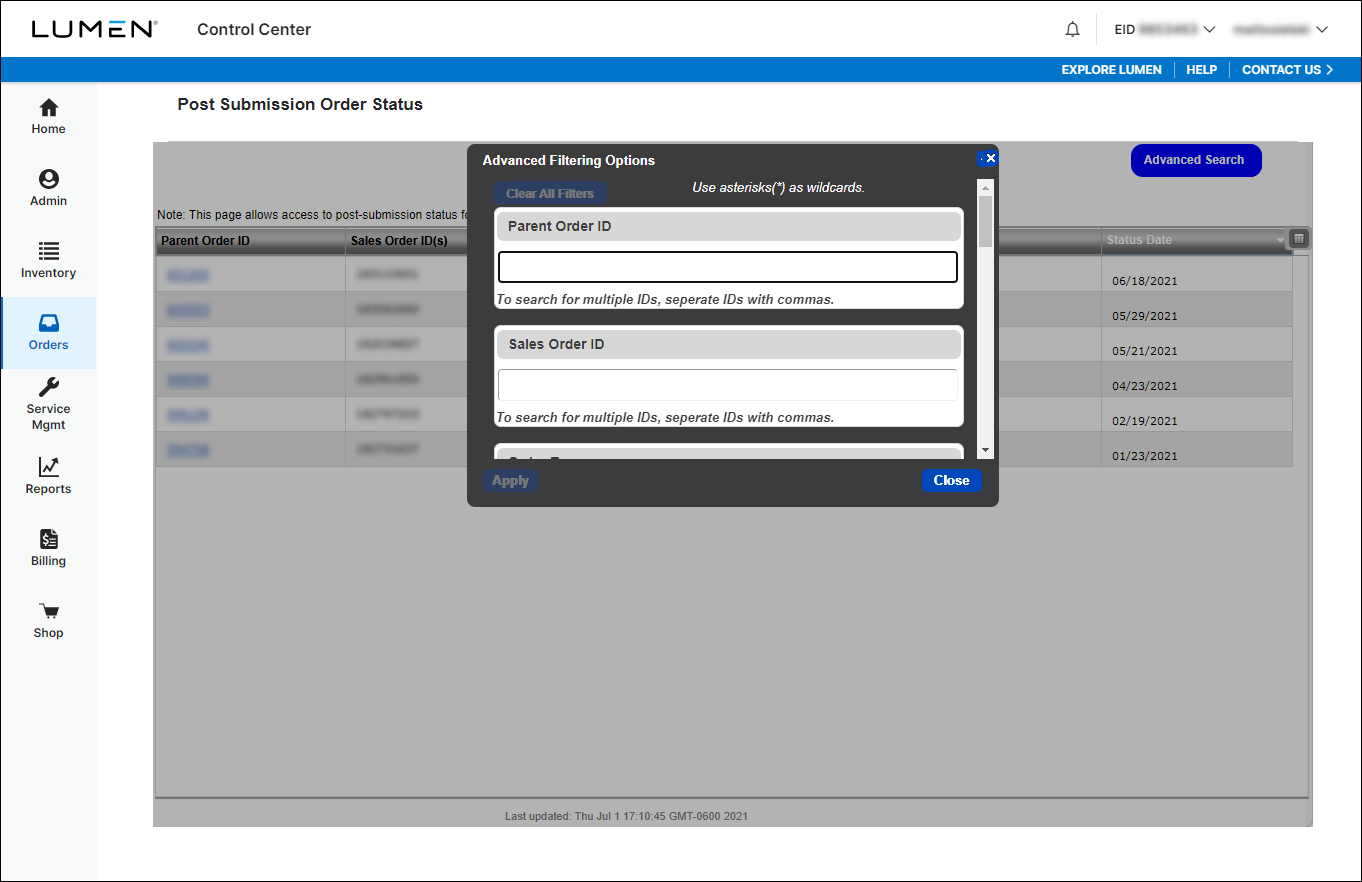 Post Submission Order Status (showing Advanced Search)